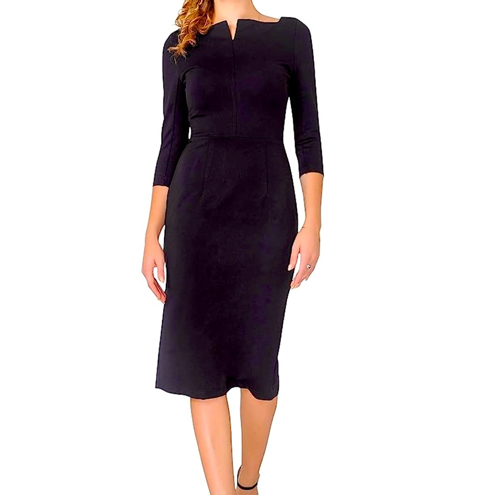 Square Neck Form-Fitting Midi Sheath Dress in Black. New With Tags. Size 4.